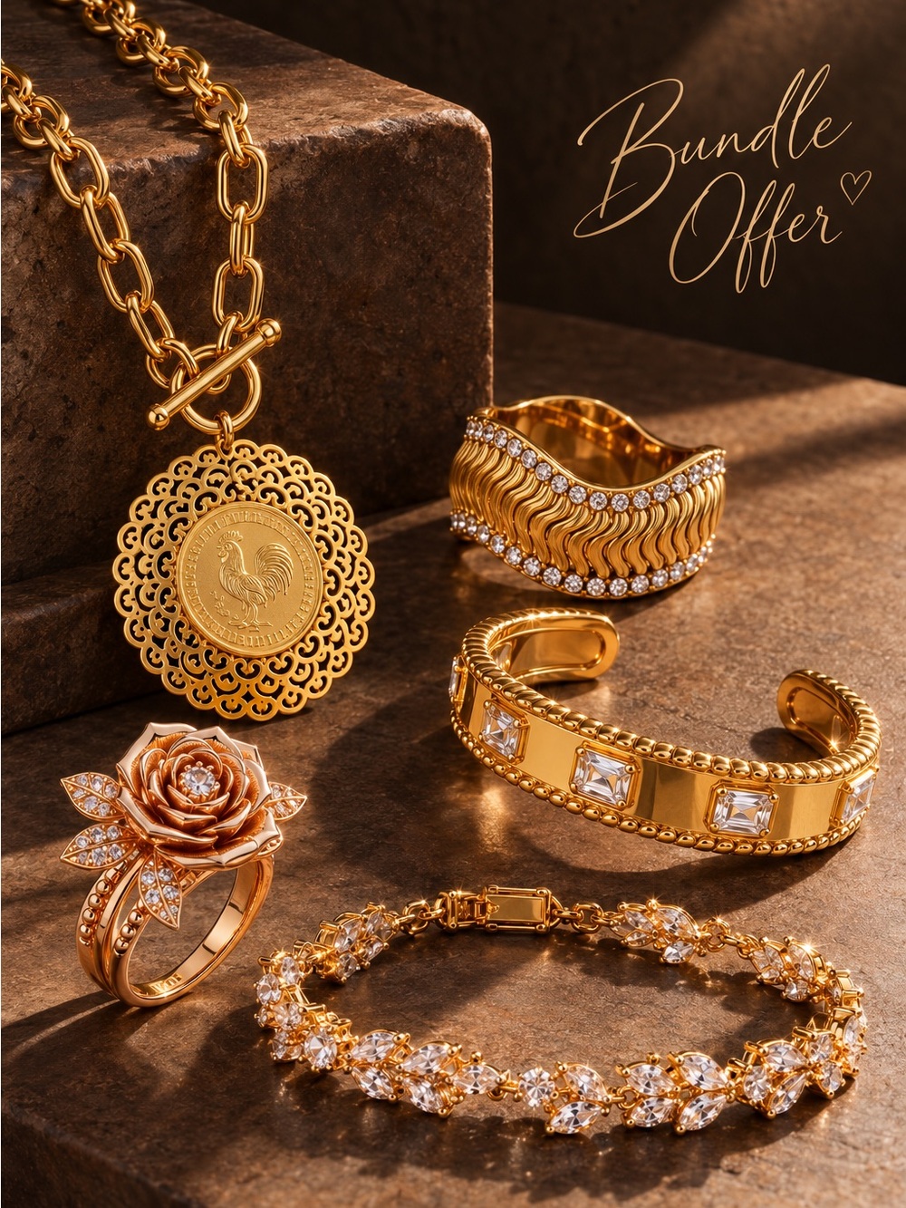 Gold color Statement Rings, bracelets & Coin Pendant Jewelry Set - Women Jewelry
